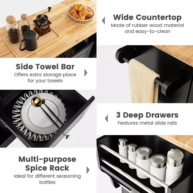 Carrello da cucina su ruote bianco/nero con cassetti, armadietti e portaspezie, per 1