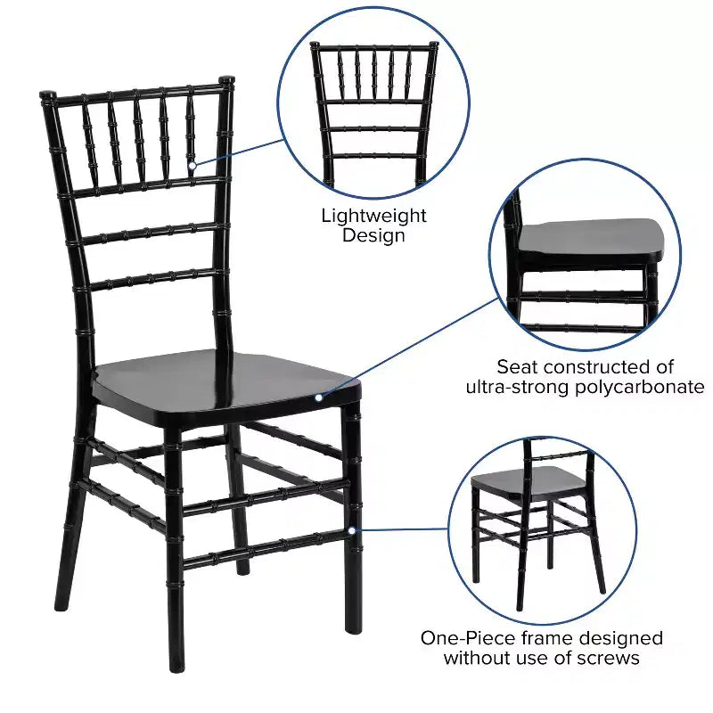 Sedia Chiavari impilabile in resina – Nero / Champagne / Oro / Mogano / Peltro / Argento / Bianco, Set da 2